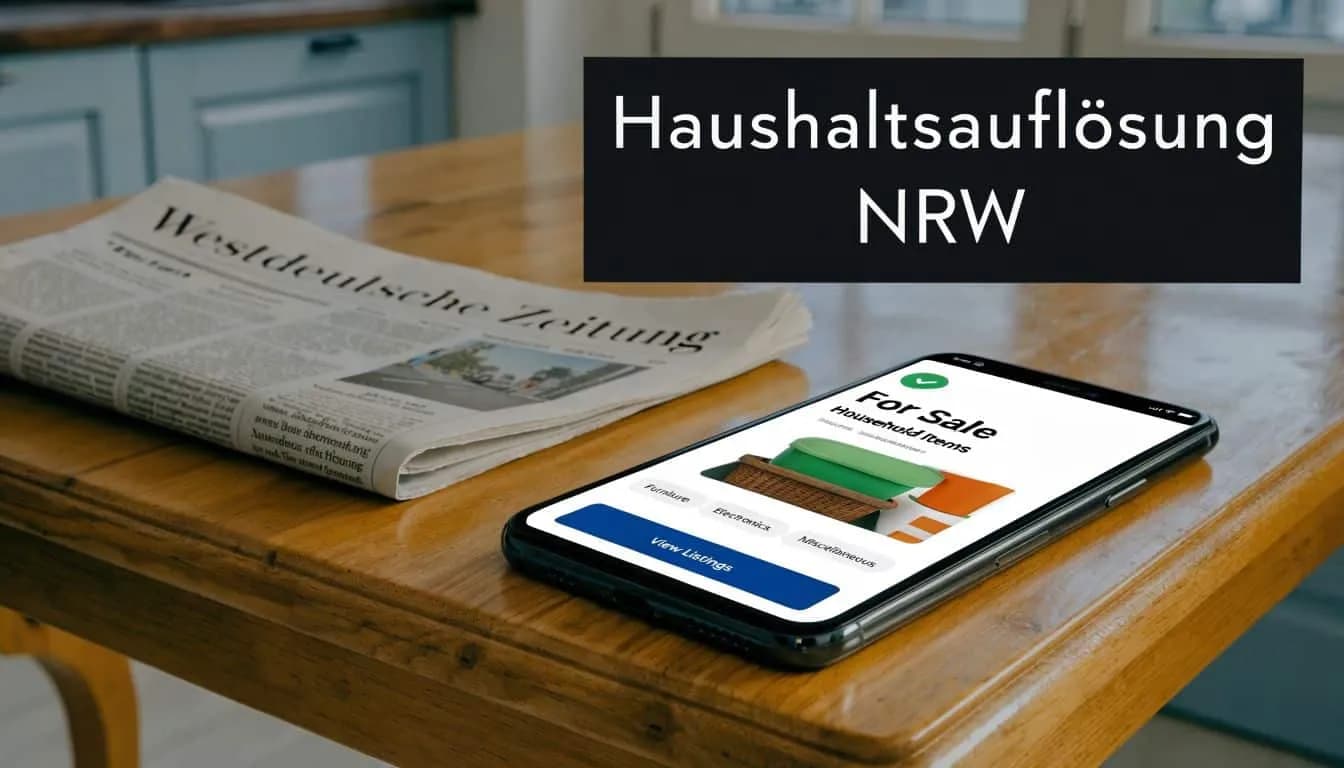 Ein Smartphone auf einem Holztisch neben einer Zeitung mit der Überschrift Haushaltsauflösung NRW für gebrauchte Haushaltsgegenstände.