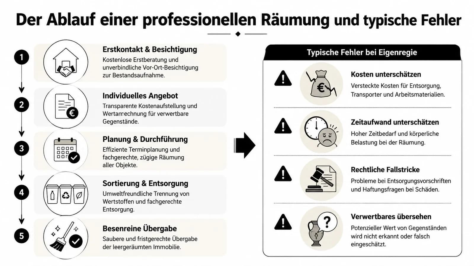 Grafik zum Ablauf einer professionellen Wohnungsräumung und häufige Fehler bei der Durchführung einer Räumung in Eigenregie.