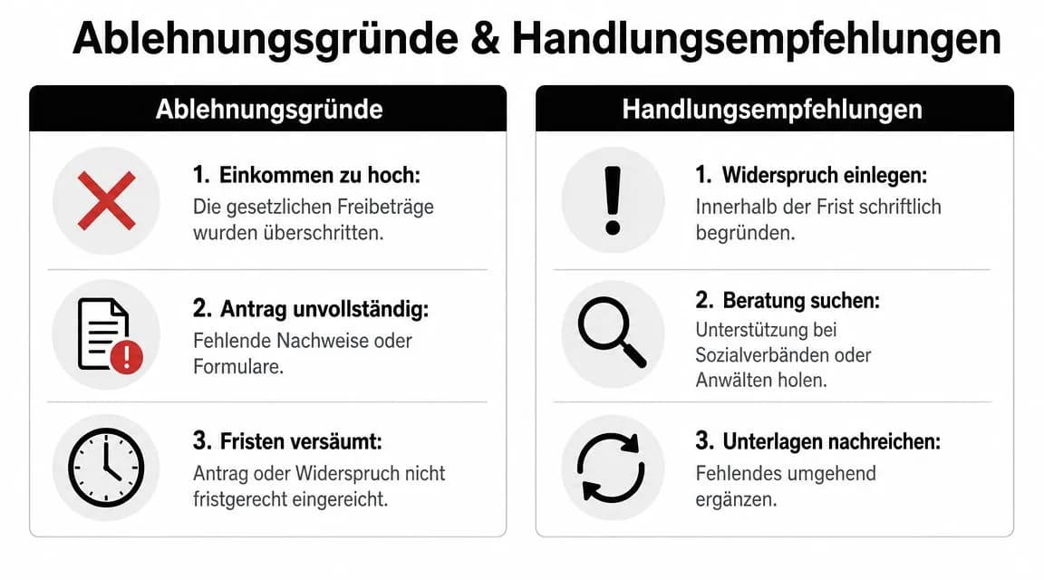 Übersicht mit Gründen für Ablehnungen beim Sozialamt und entsprechenden Handlungsempfehlungen zur Behebung der vorliegenden Probleme.