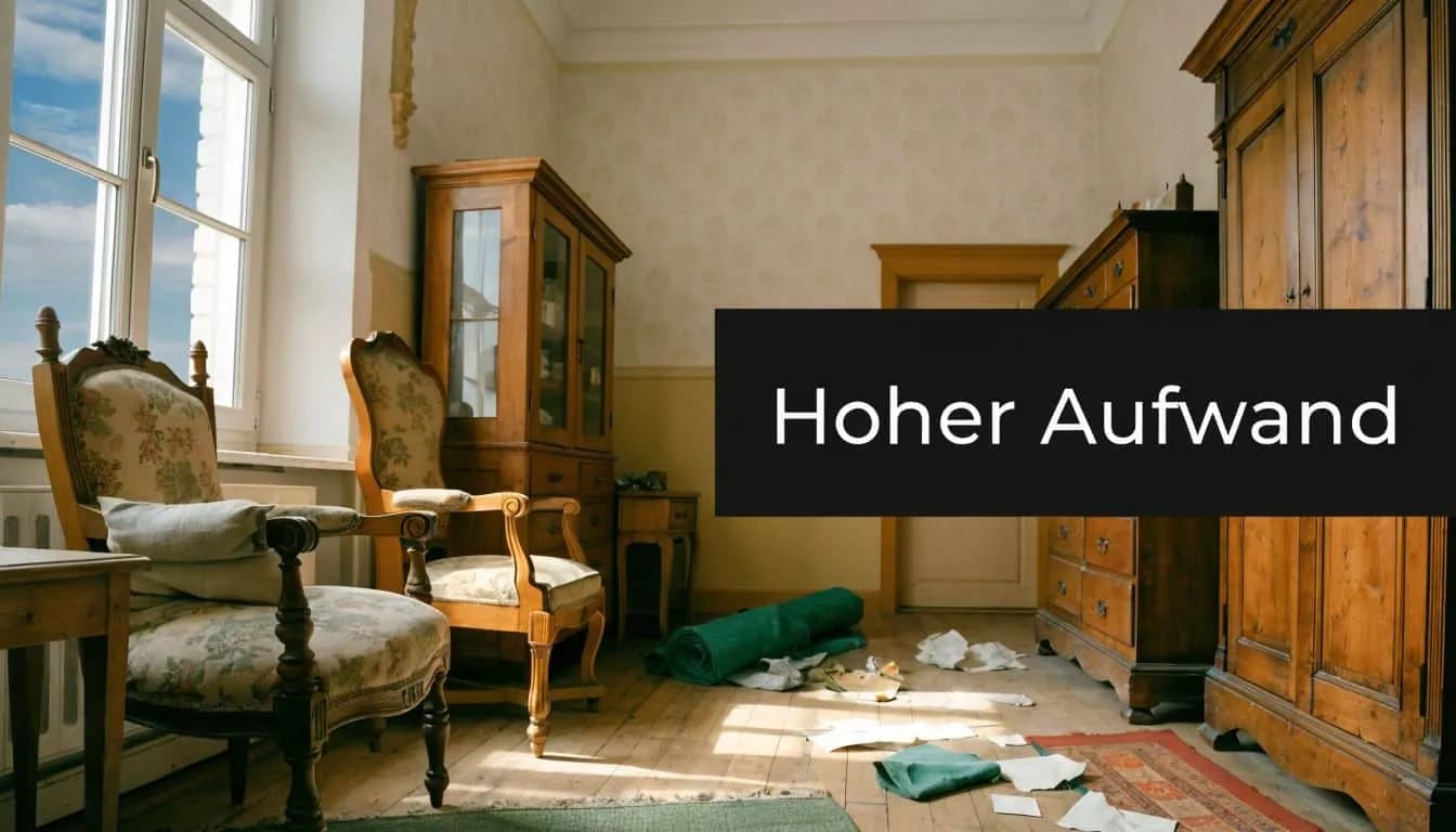 Ein altmodisch eingerichtetes Zimmer mit antiken Holzmöbeln, Sesseln und Papierresten auf dem hölzernen Dielenboden.