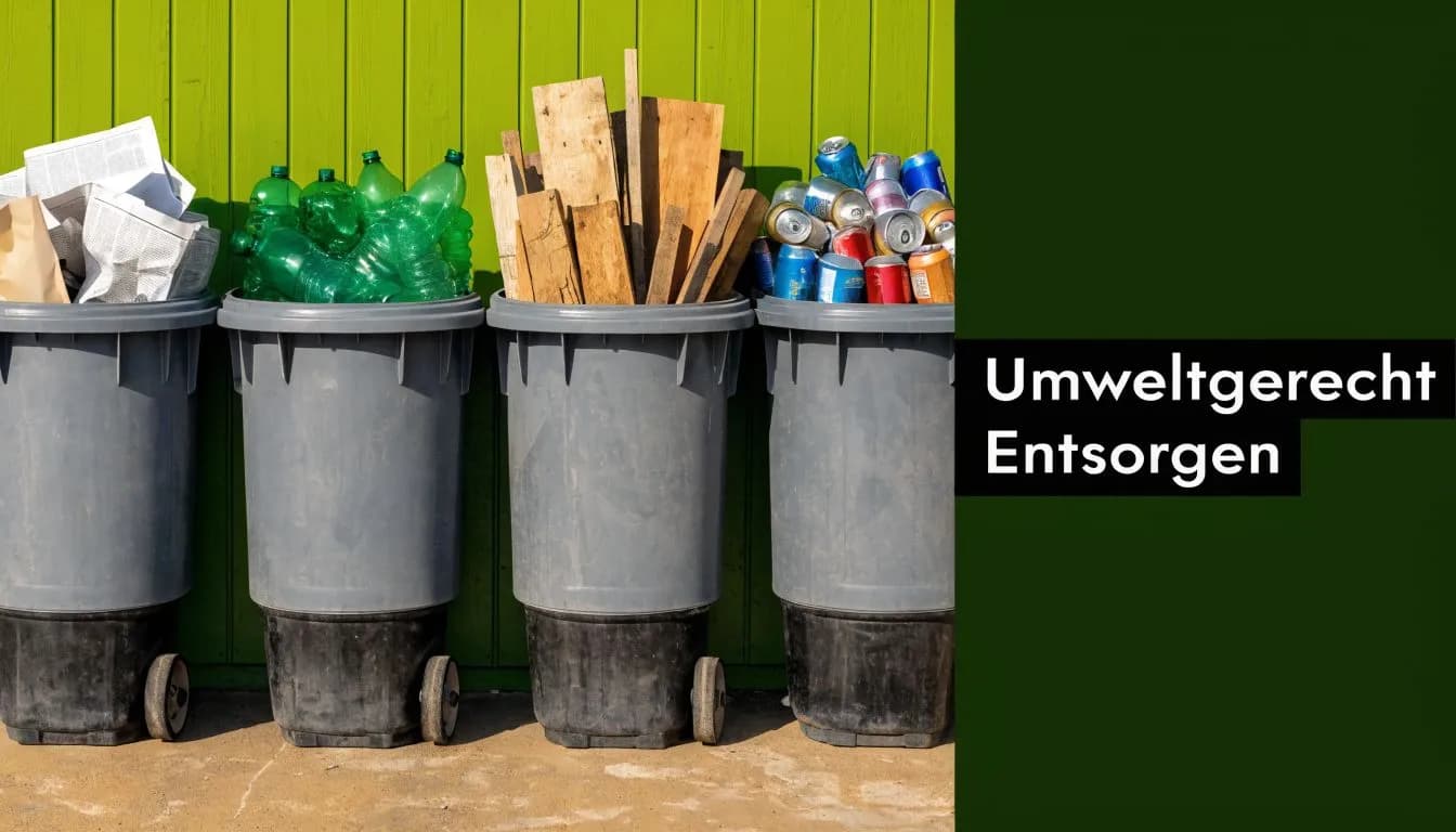 Vier graue Mülltonnen stehen nebeneinander vor einer grünen Wand, gefüllt mit Papier, Plastikflaschen, Holz und Getränkedosen.