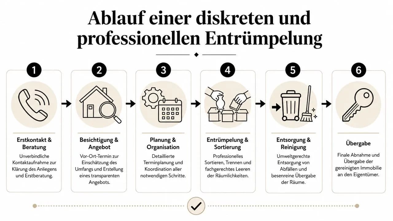 Eine Infografik mit sechs Schritten, die den professionellen Ablauf einer diskreten Entrümpelung veranschaulicht.