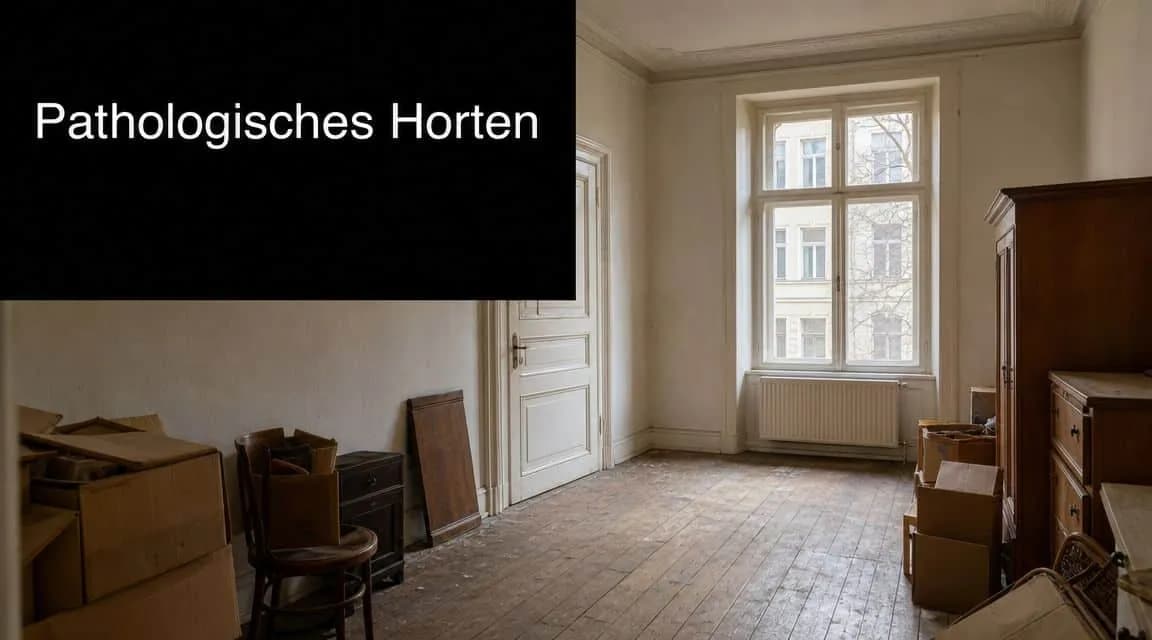 Ein nahezu leerer, altmodischer Raum mit einigen wenigen Kartons und einem Holzschrank als Symbol für Messie-Syndrom.