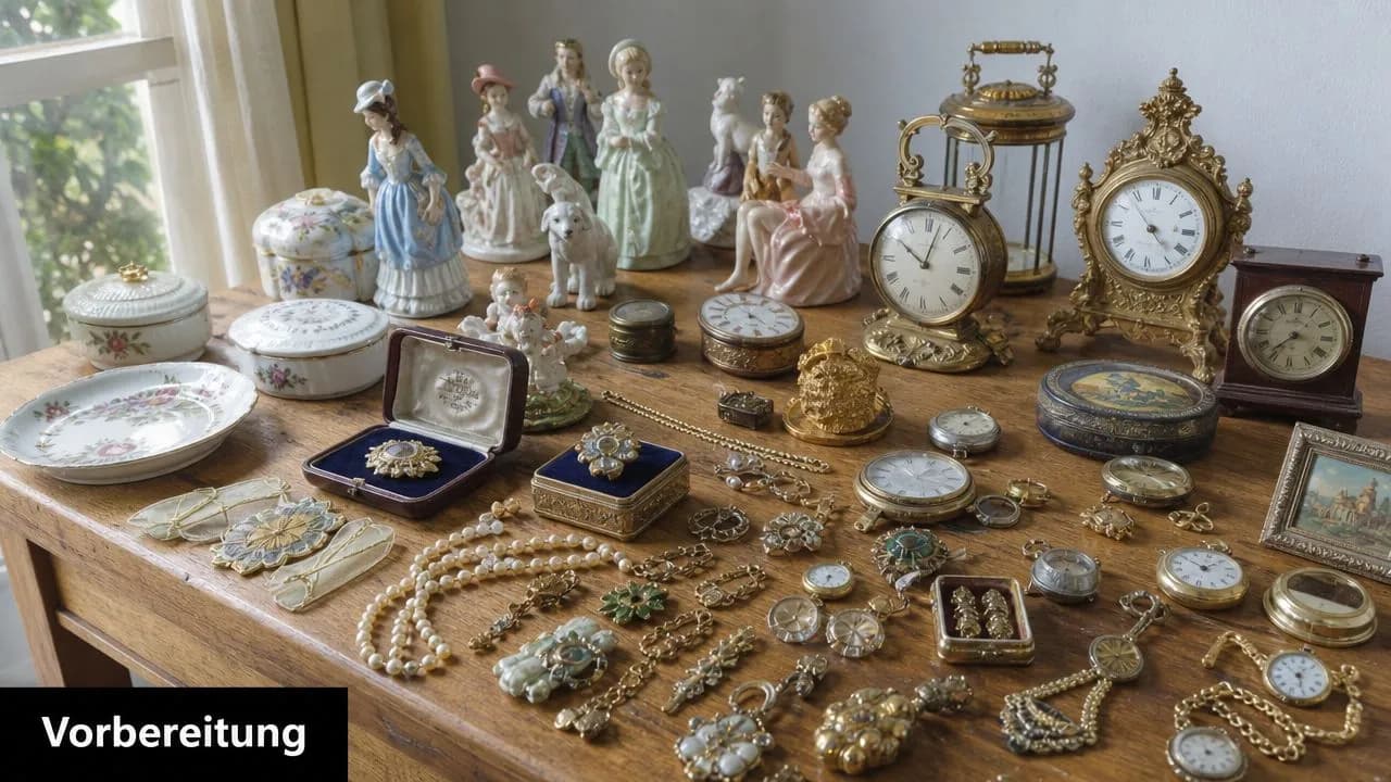 Eine Sammlung von antiken Porzellanfiguren, Schmuck, Taschenuhren und kunstvollen Dekorationsobjekten auf einem hölzernen Tisch.