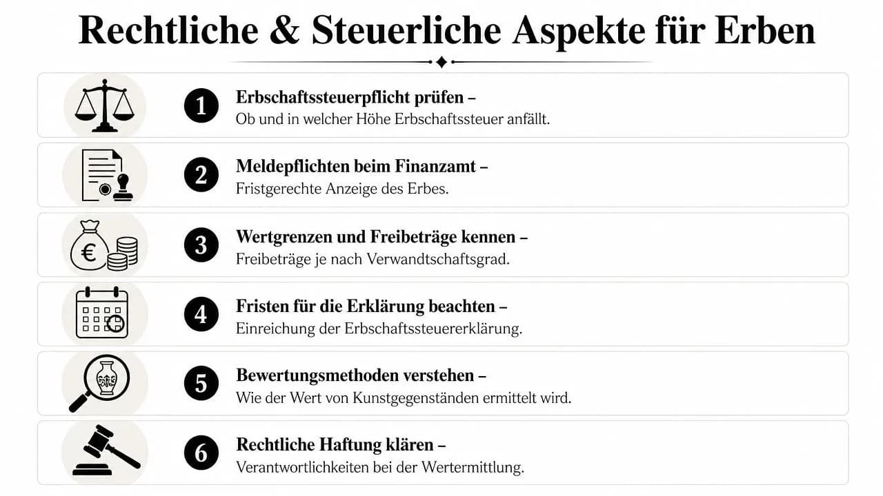 Eine Infografik mit sechs wichtigen Schritten zu rechtlichen und steuerlichen Aspekten für Erben von Kunstgegenständen.