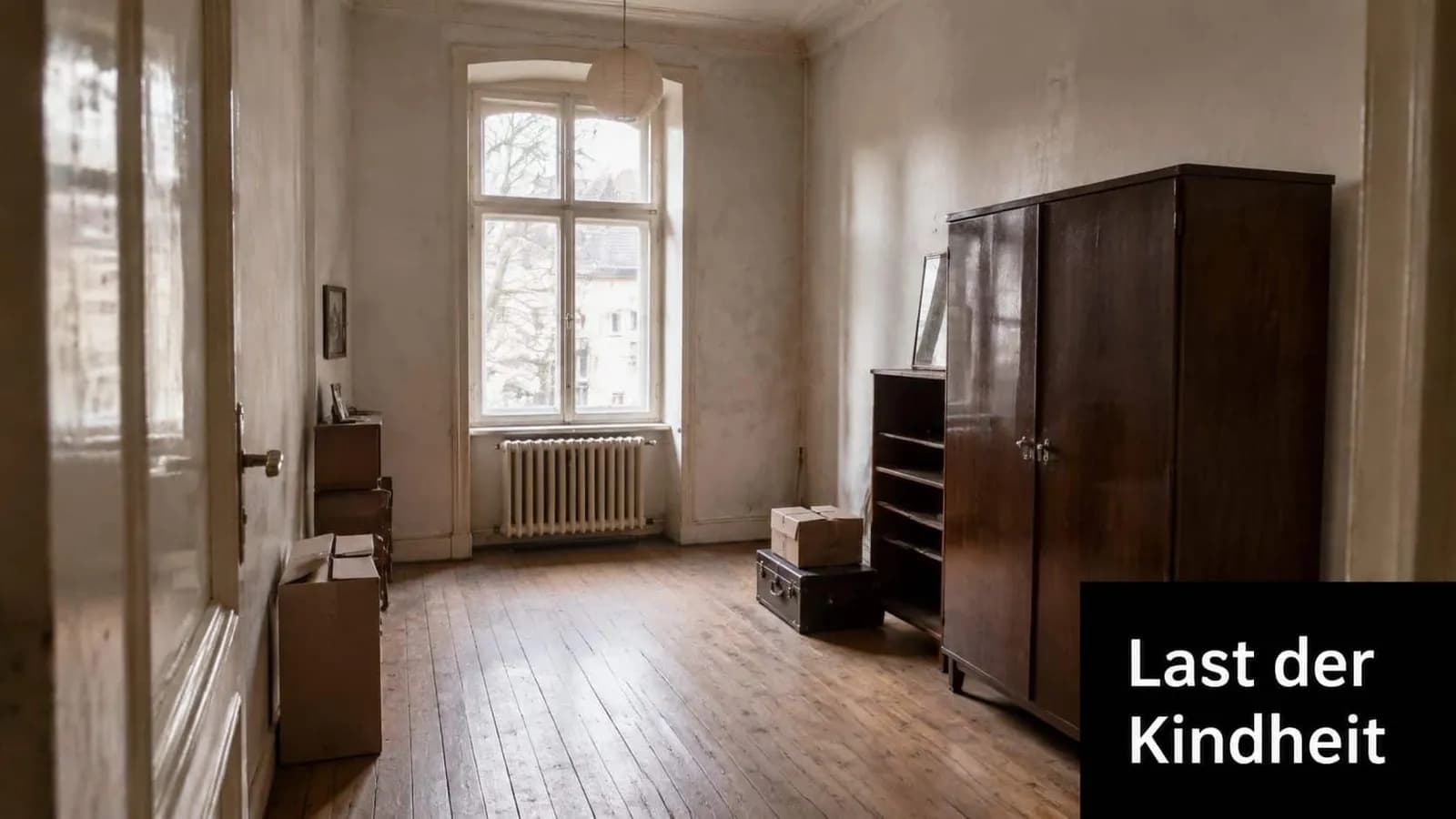Ein nahezu leerer, verlassener Raum mit Holzboden, Schränken, Pappkartons und einem Fenster in einer unsanierten Wohnung.