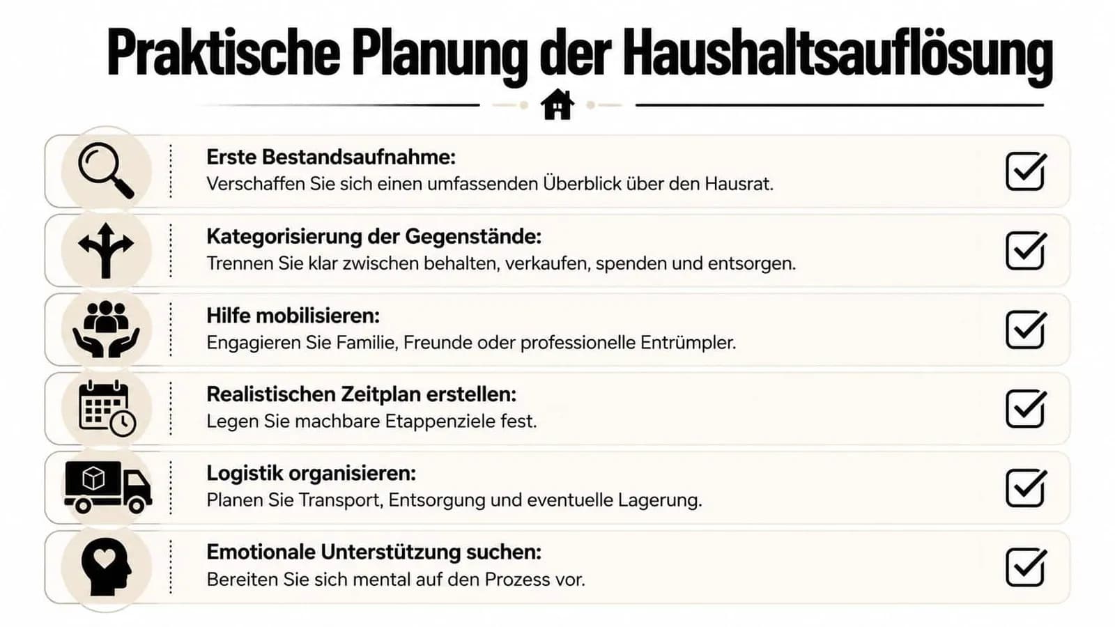 Eine Infografik zur praktischen Planung einer Haushaltsauflösung mit sechs wichtigen Schritten für einen organisierten Ablauf.