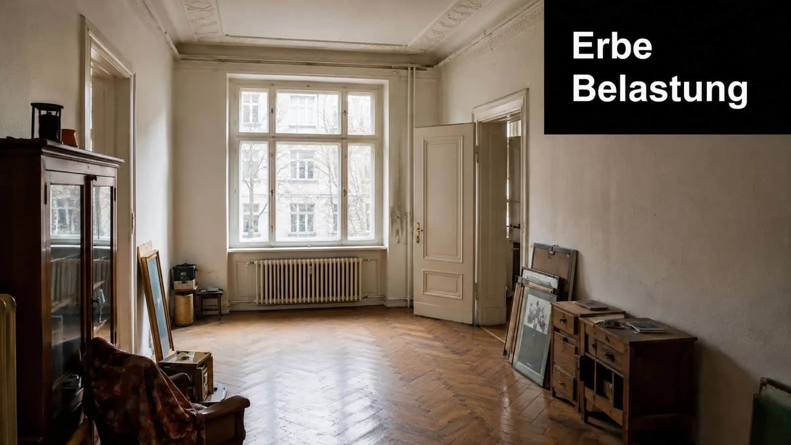 Ein leerer Raum mit altem Parkettboden, einer historischen Tür und verschiedenen Möbelstücken nach einem Erbfall.