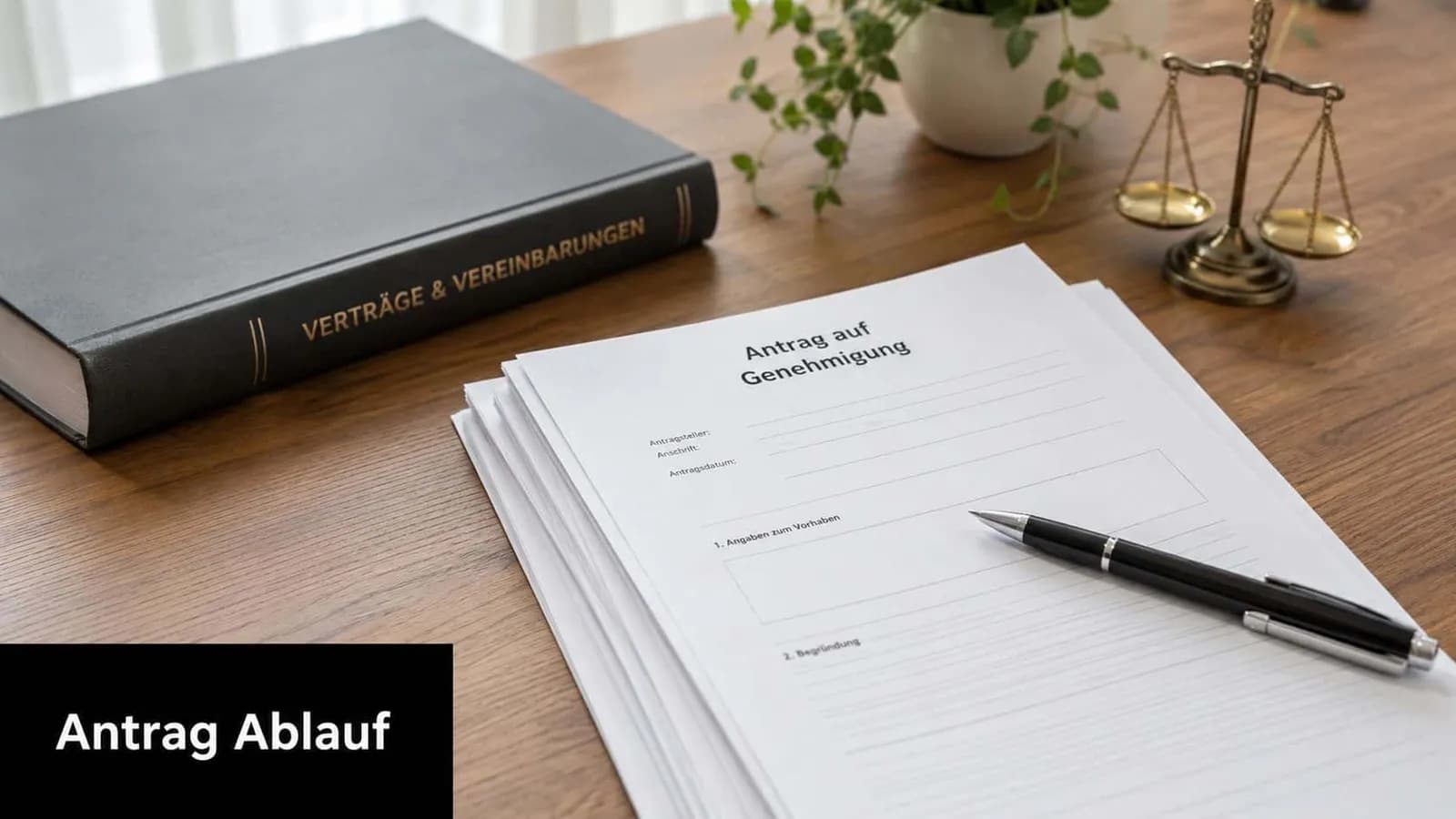 Ein Antrag auf Genehmigung liegt zusammen mit einem Stift auf einem hölzernen Schreibtisch vor einem Rechtsbuch.