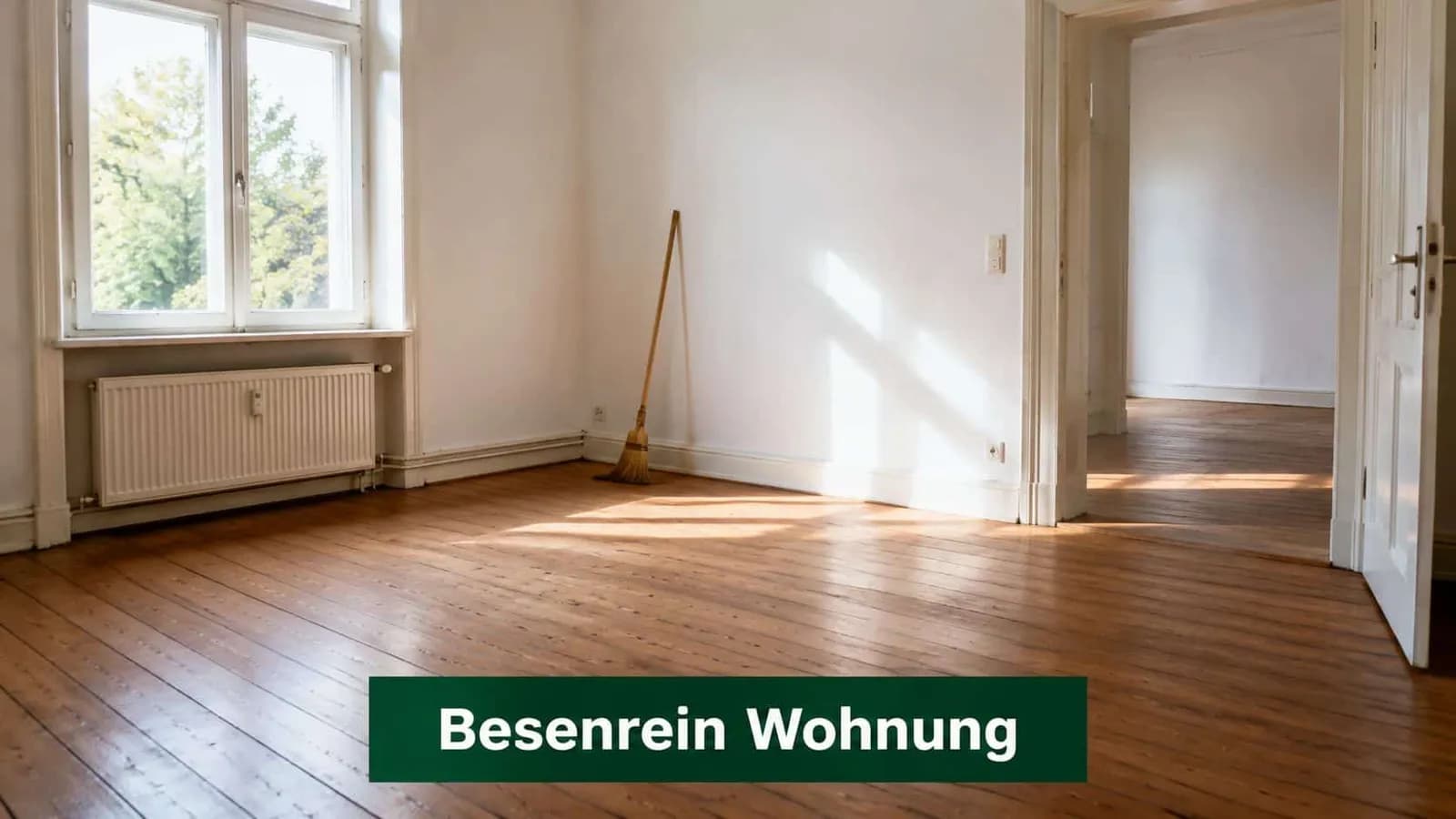 Ein leerer Raum mit Holzdielen, weißen Wänden und einem Besen in einer sonnendurchfluteten, besenreinen Wohnung.