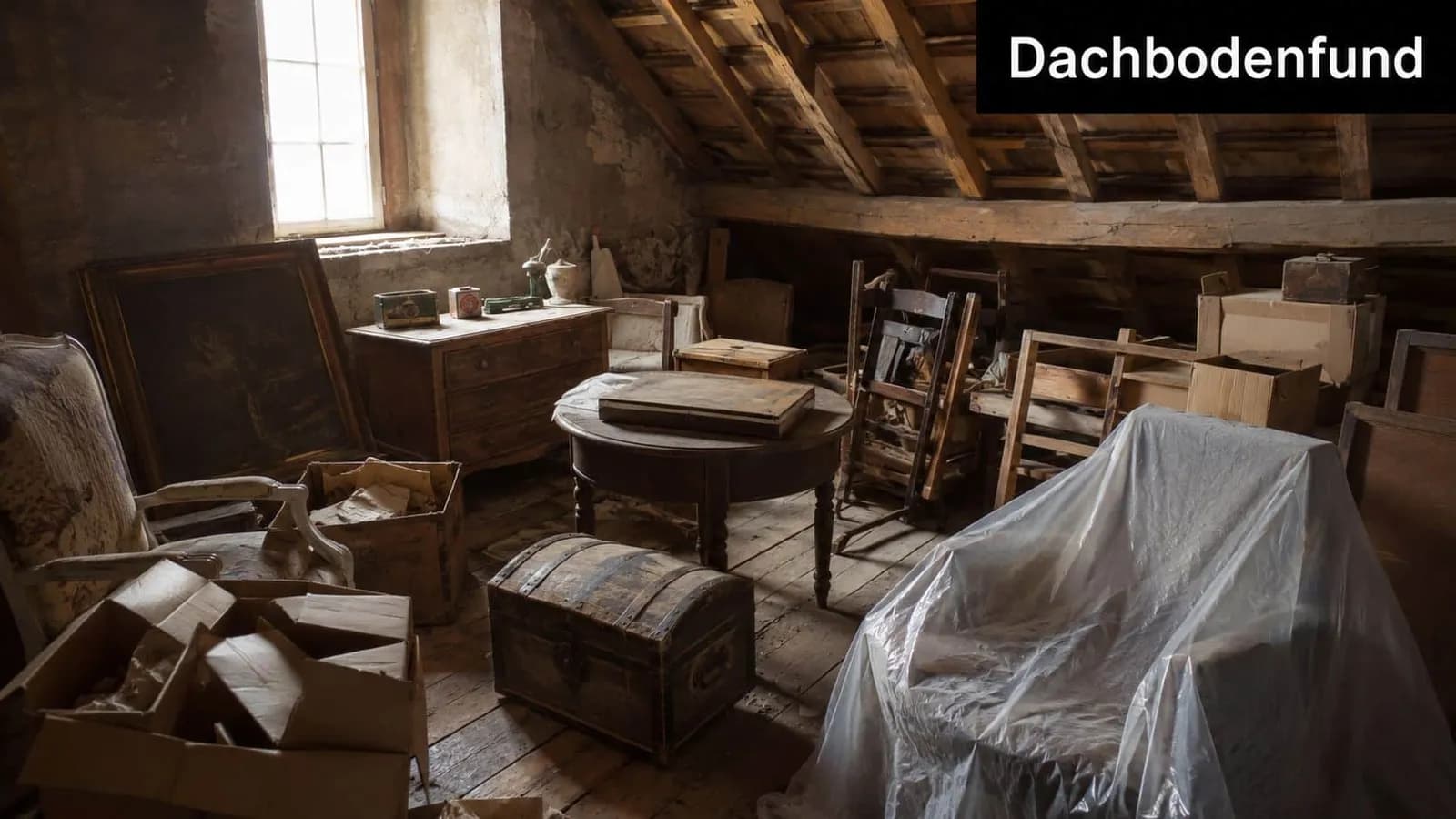 Ein verstaubter Dachboden mit alten Möbeln, Kisten, Truhen und Kunstgegenständen im gemütlichen, historischen Ambiente eines Dachgeschosses.