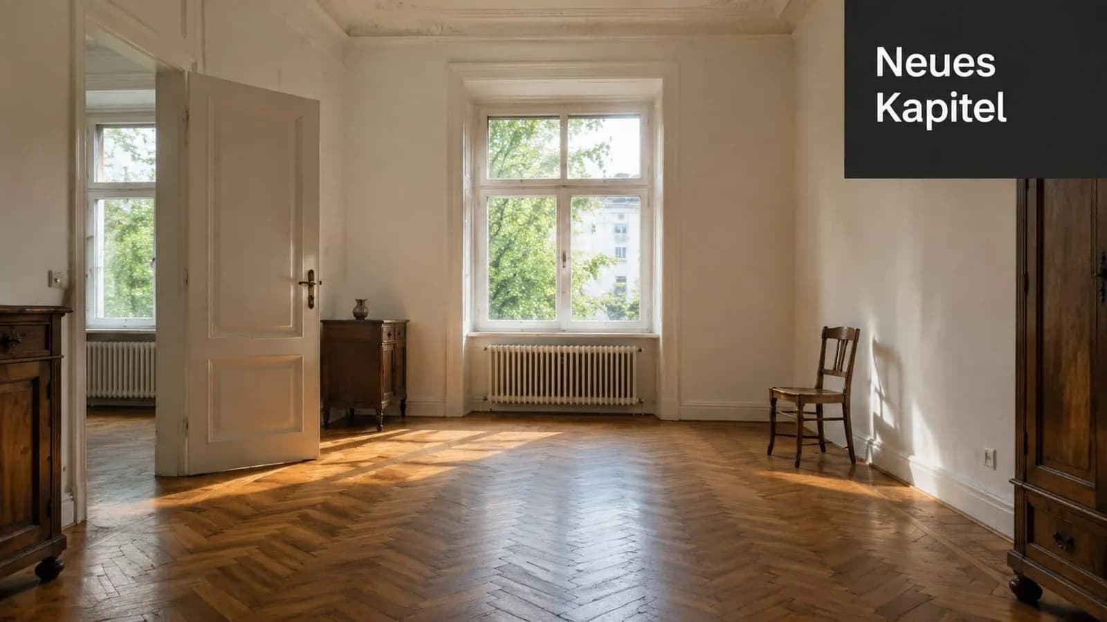 Ein heller, minimalistisch eingerichteter Raum mit Fischgrätparkett, hohen Fenstern, einer alten Holzkommode und einem einzelnen Stuhl.