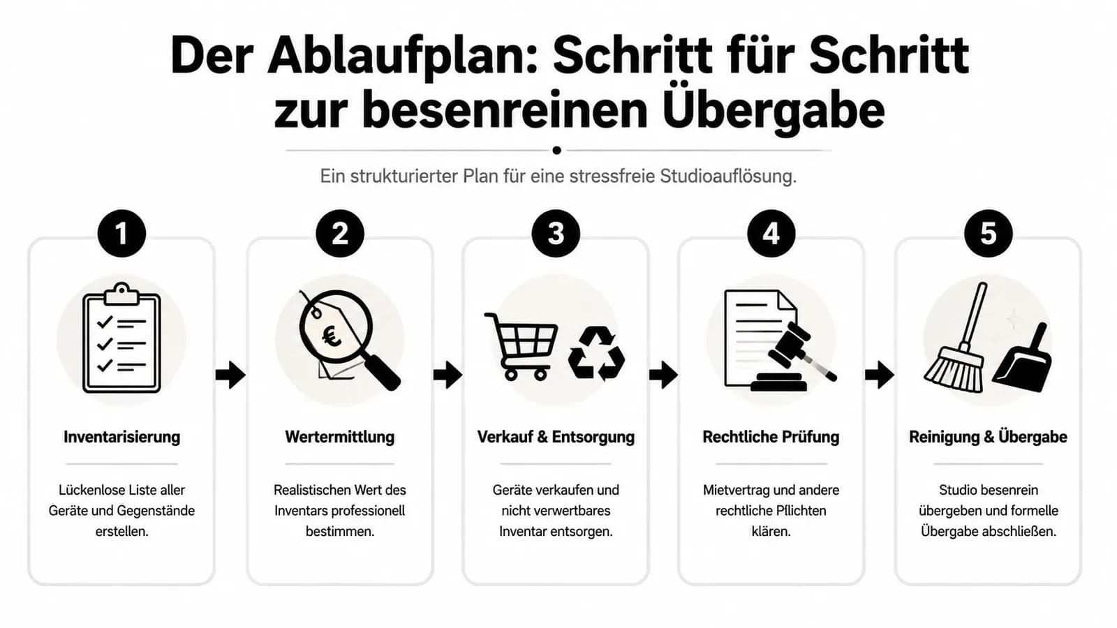 Ein fünfstufiger Ablaufplan für eine stressfreie Studioauflösung und besenreine Übergabe von Fitnessgeräten und Inventar.