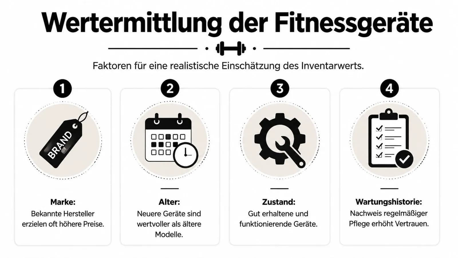 Eine Infografik mit vier Faktoren zur Wertermittlung von Fitnessgeräten, darunter Marke, Alter, Zustand und Wartungshistorie für eine realistische Einschätzung.