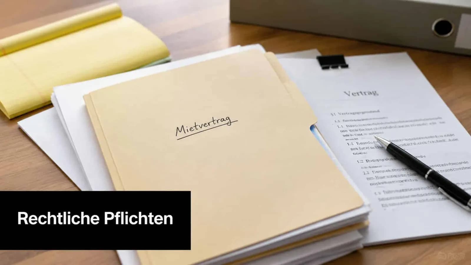 Ein Mietvertrag liegt auf einem Schreibtisch bereit, begleitet von einem Stift und weiteren Dokumenten in einem Büro.