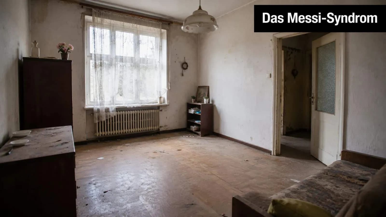 Ein verlassener, karger Raum mit alten Möbeln, der ein Gefühl von Vernachlässigung und Einsamkeit im Wohnbereich vermittelt.