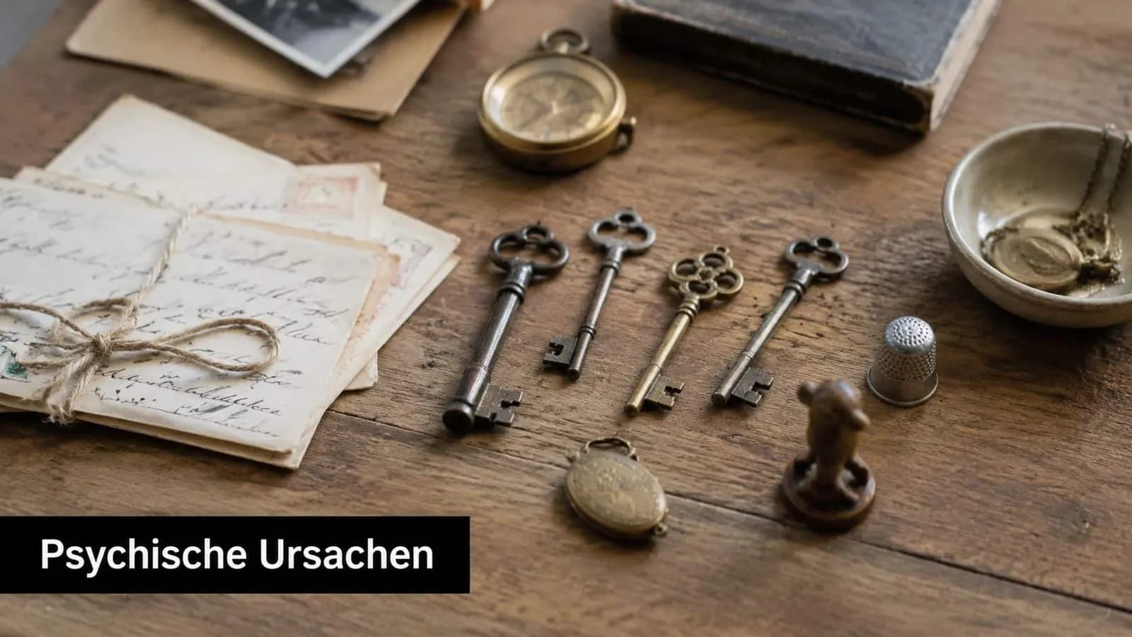 Ein antiker Holztisch mit alten Briefen, Schlüsseln, einem Kompass und einem Fingerhut, symbolisch für psychische Ursachen.
