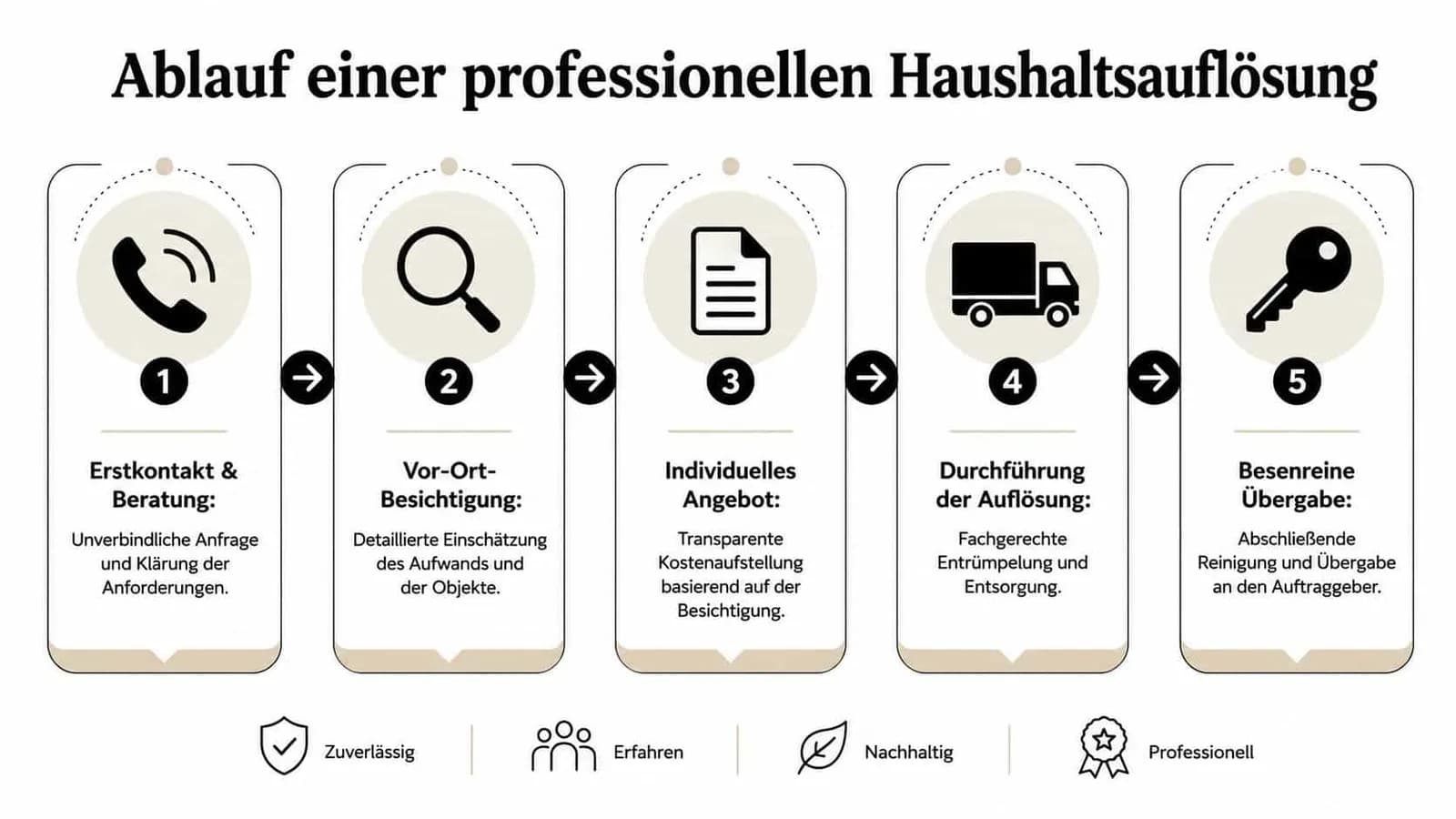 Ein fünfstufiger Prozessplan zur professionellen Haushaltsauflösung von der Erstberatung bis zur besenreinen Übergabe des Objekts.
