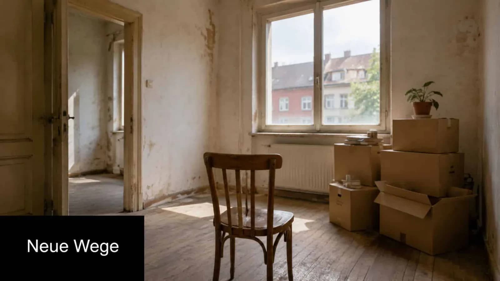 Ein leerer Raum mit einem Stuhl und Umzugskartons vor einem Fenster in einer Wohnung bei der Haushaltsauflösung.