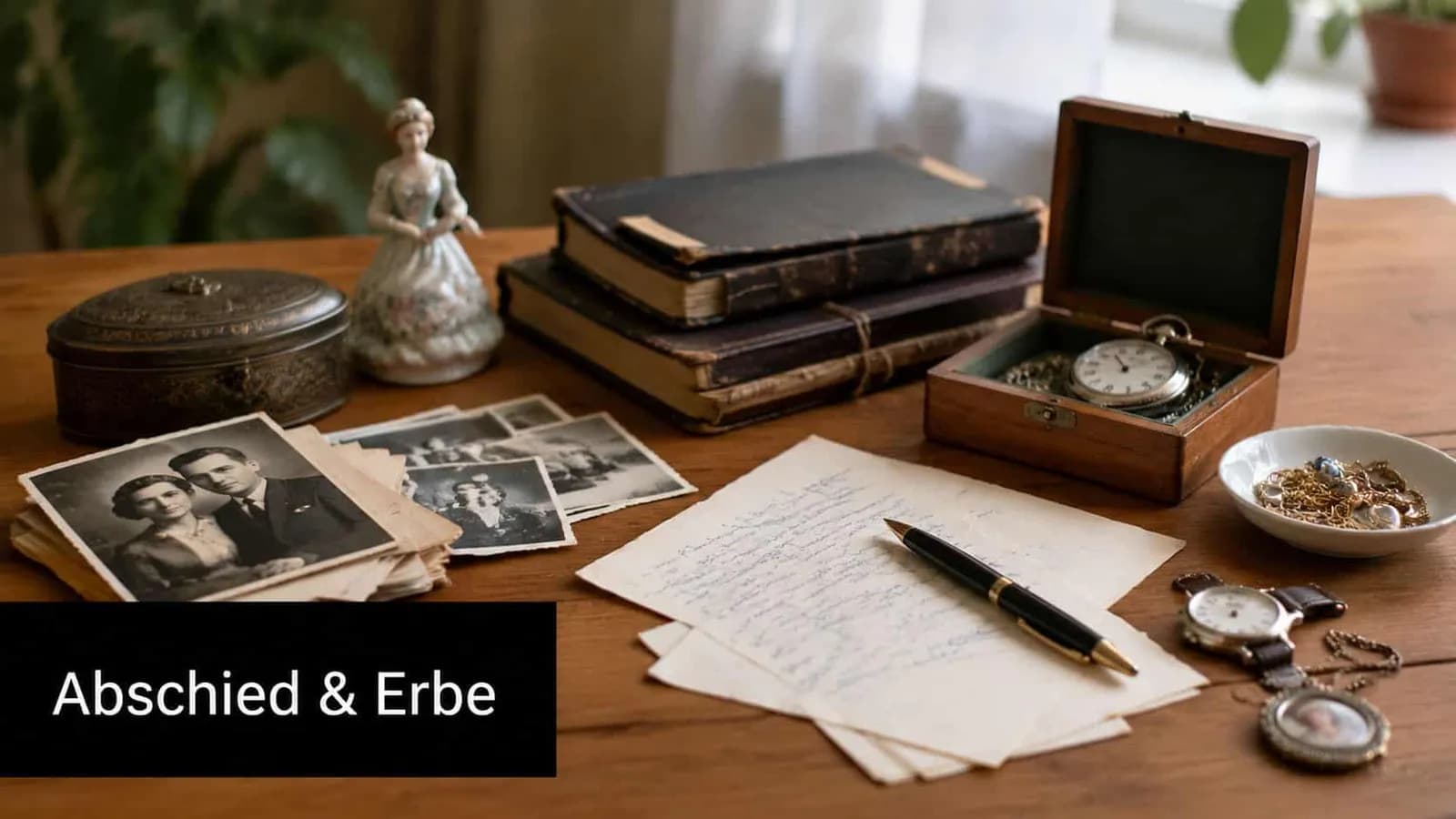 Ein antiker Schreibtisch mit alten Familienfotos, einem handschriftlichen Brief, Schmuck und einer Taschenuhr im nostalgischen Stil.