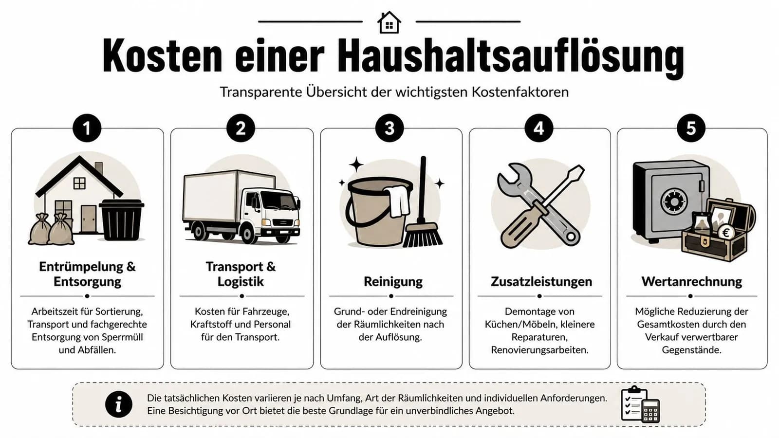 Infografik zeigt die fünf wichtigsten Kostenfaktoren bei einer Haushaltsauflösung von Entrümpelung bis zur Wertanrechnung.