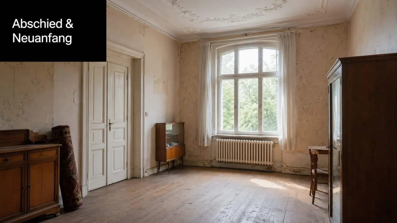 Ein leerstehendes Zimmer mit altem Holzboden, verblassten Tapeten, einem großen Fenster und antiken Möbelstücken.