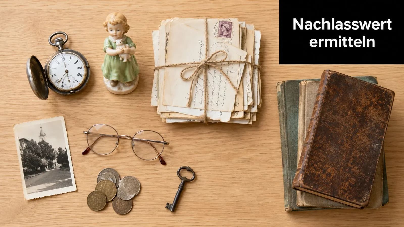 Ein Tisch mit antiken Gegenständen wie Briefen, alten Büchern, einer Taschenuhr, Brillen, Münzen und einer kleinen Figur.