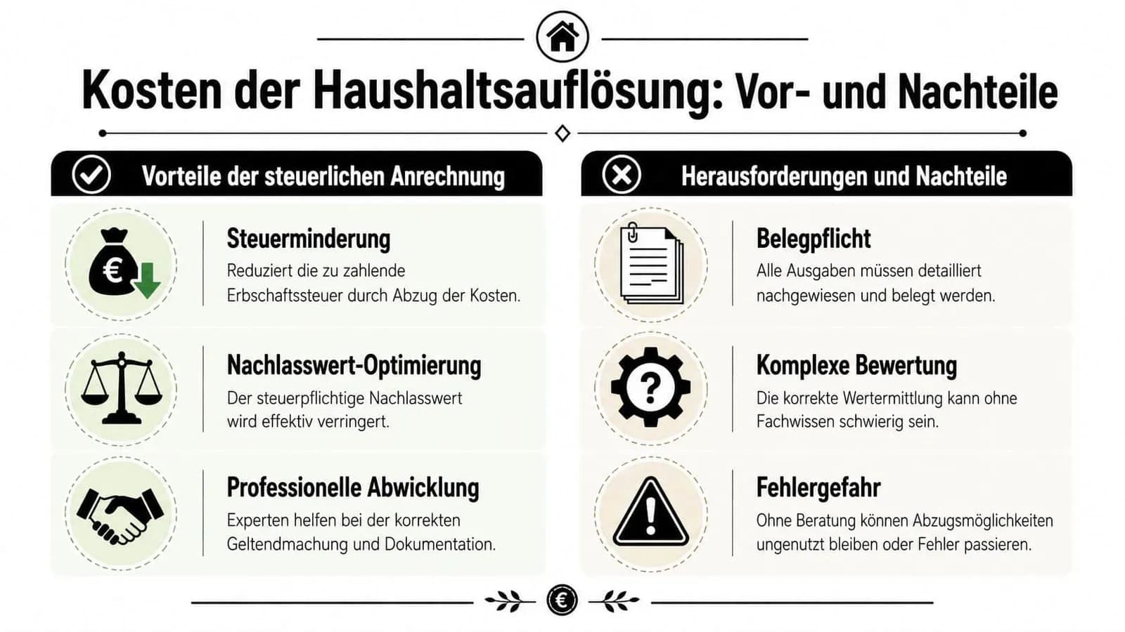Eine Infografik, die die Vor- und Nachteile der steuerlichen Anrechnung bei einer Haushaltsauflösung im Erbfall übersichtlich darstellt.