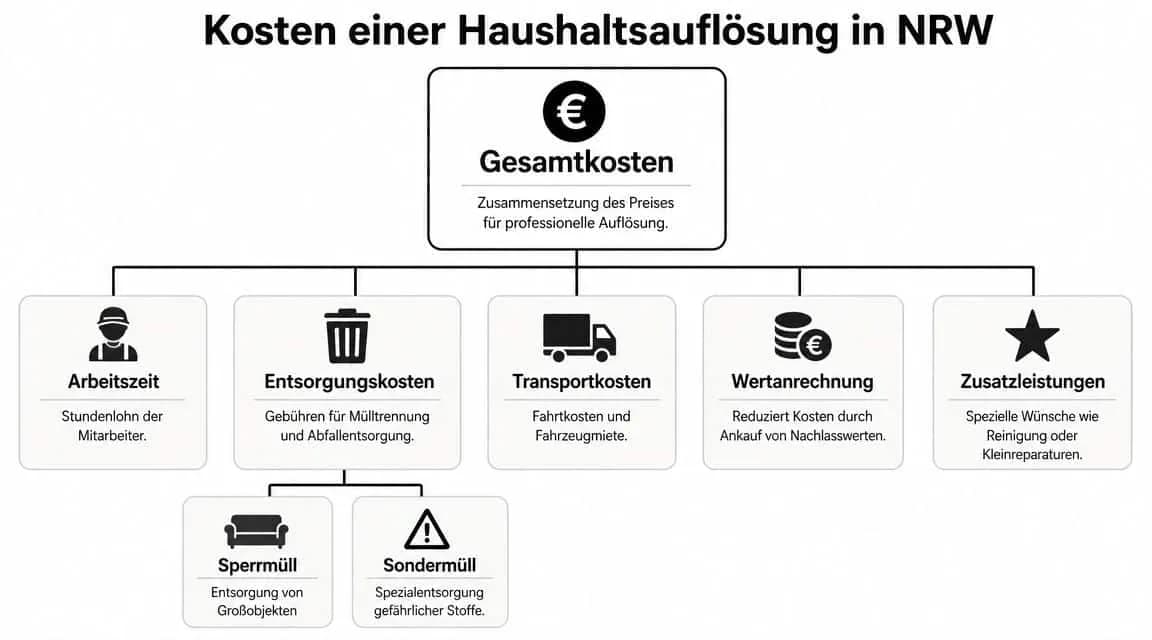 Eine Infografik zur Zusammensetzung der Kosten für eine professionelle Haushaltsauflösung in Nordrhein-Westfalen inklusive aller Faktoren.