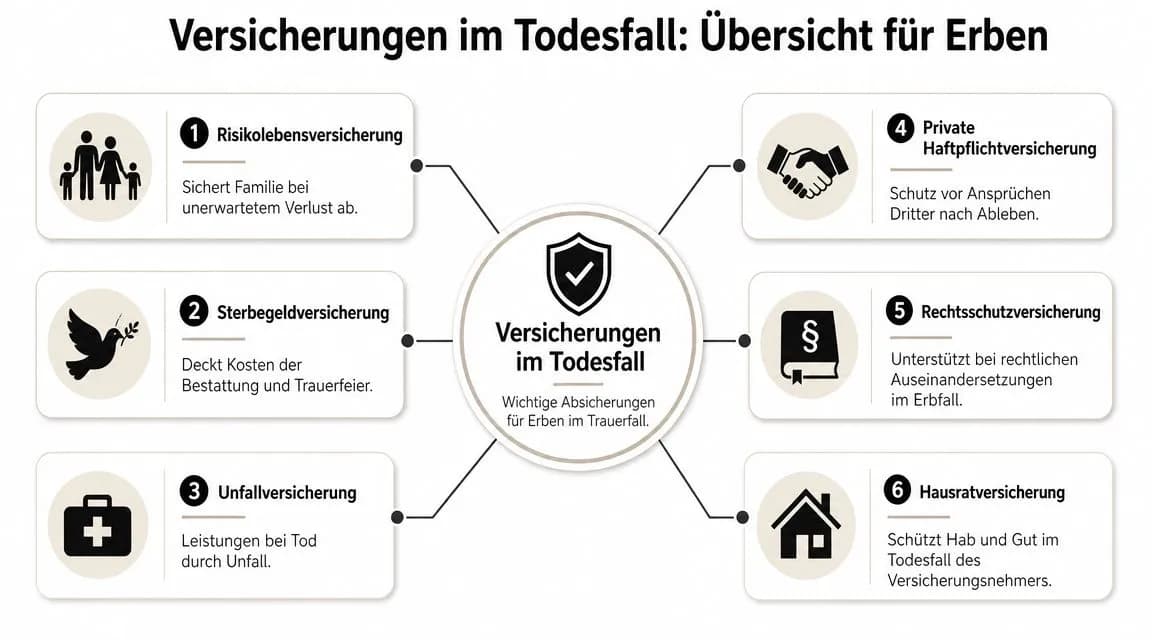 Übersicht der sechs wichtigsten Versicherungsarten, die für Erben im Todesfall eine Rolle spielen können.