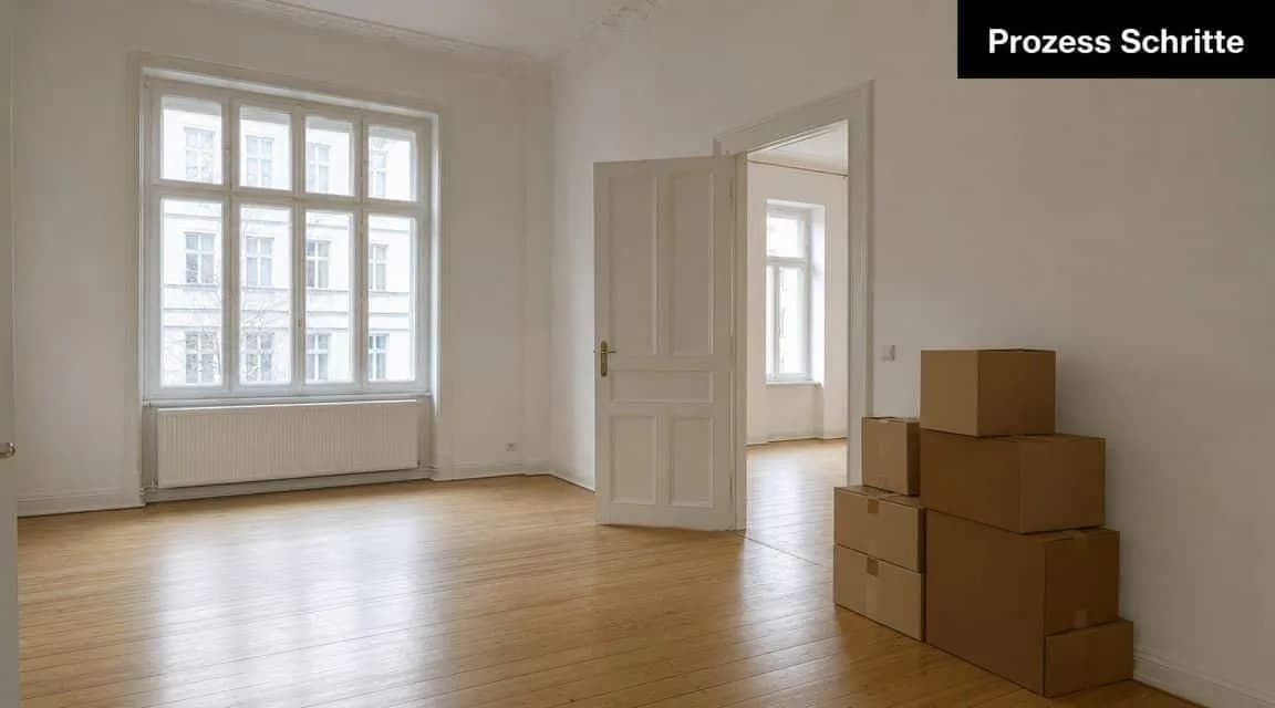 Ein leerer Raum mit einem großen Fenster, einer offenen Tür und einem Stapel Umzugskartons im Vordergrund.