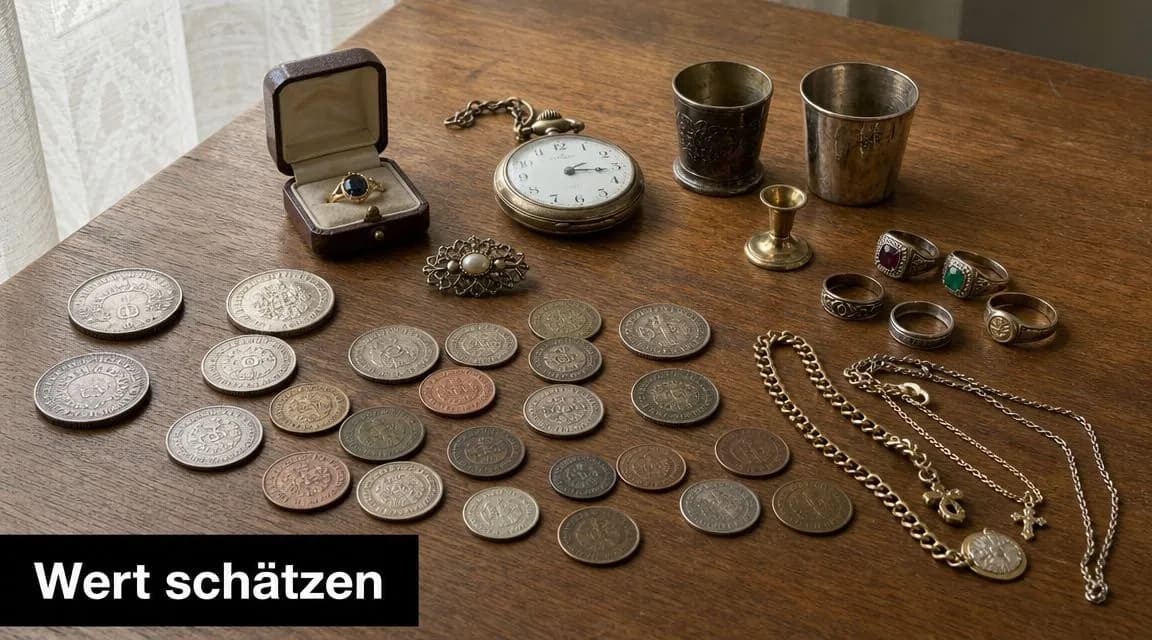 Eine Sammlung von antiken Schmuckstücken, Münzen, einer Taschenuhr und silbernen Bechern auf einem Holztisch.