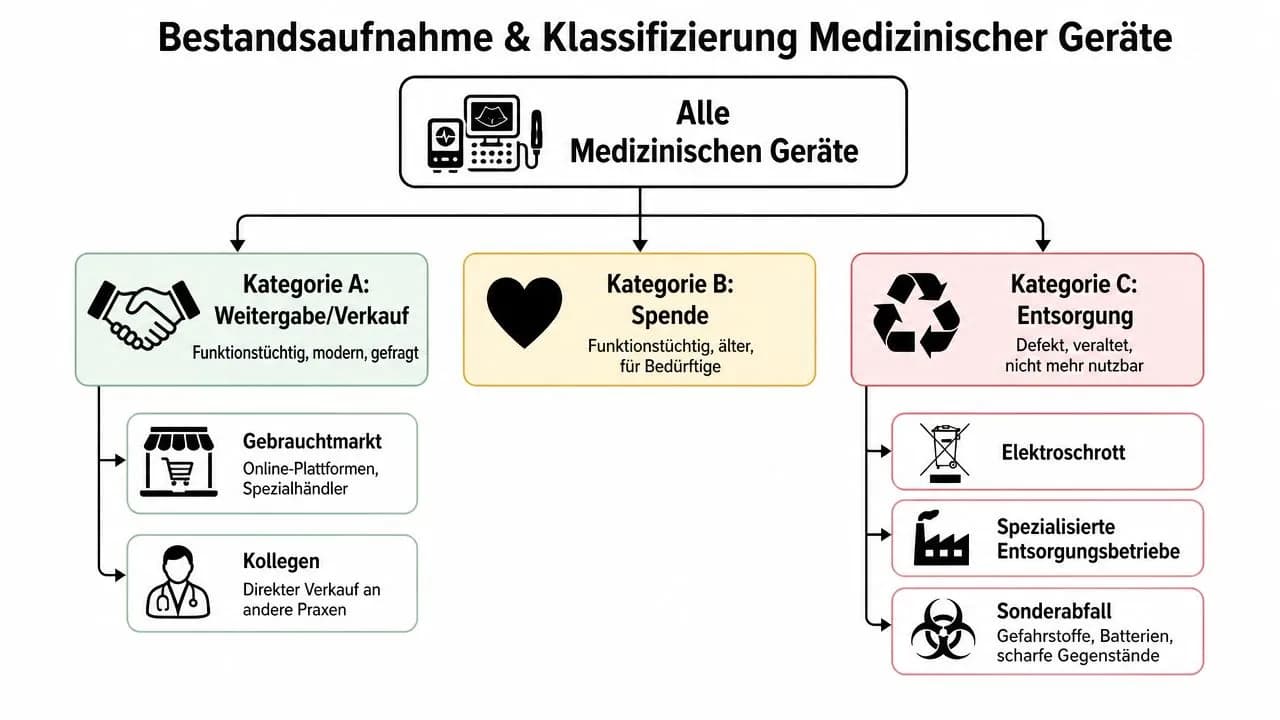 Ein Flussdiagramm zur Klassifizierung und Entsorgung oder Weiterverwendung von medizinischen Geräten bei Praxisauflösungen.