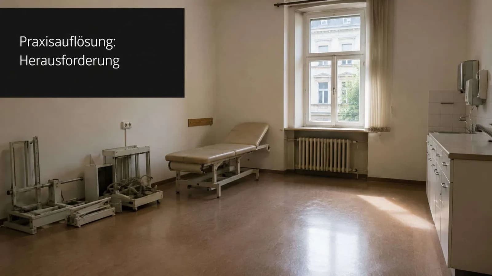 Ein leeres, helles Arztzimmer mit einer Untersuchungsliege, medizinischen Geräten und einer kleinen Küchenzeile bei Tageslicht.