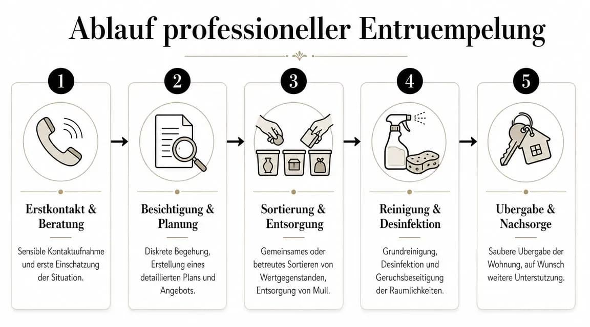 Eine Infografik mit fünf Schritten für den Ablauf einer professionellen Entrümpelung einer Wohnung.