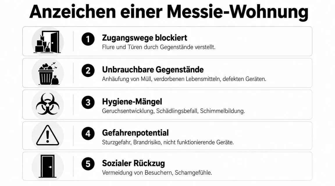 Eine Infografik mit fünf Anzeichen einer Messie-Wohnung, darunter blockierte Wege, Unrat, Hygienemängel, Gefahren und sozialer Rückzug der Betroffenen.