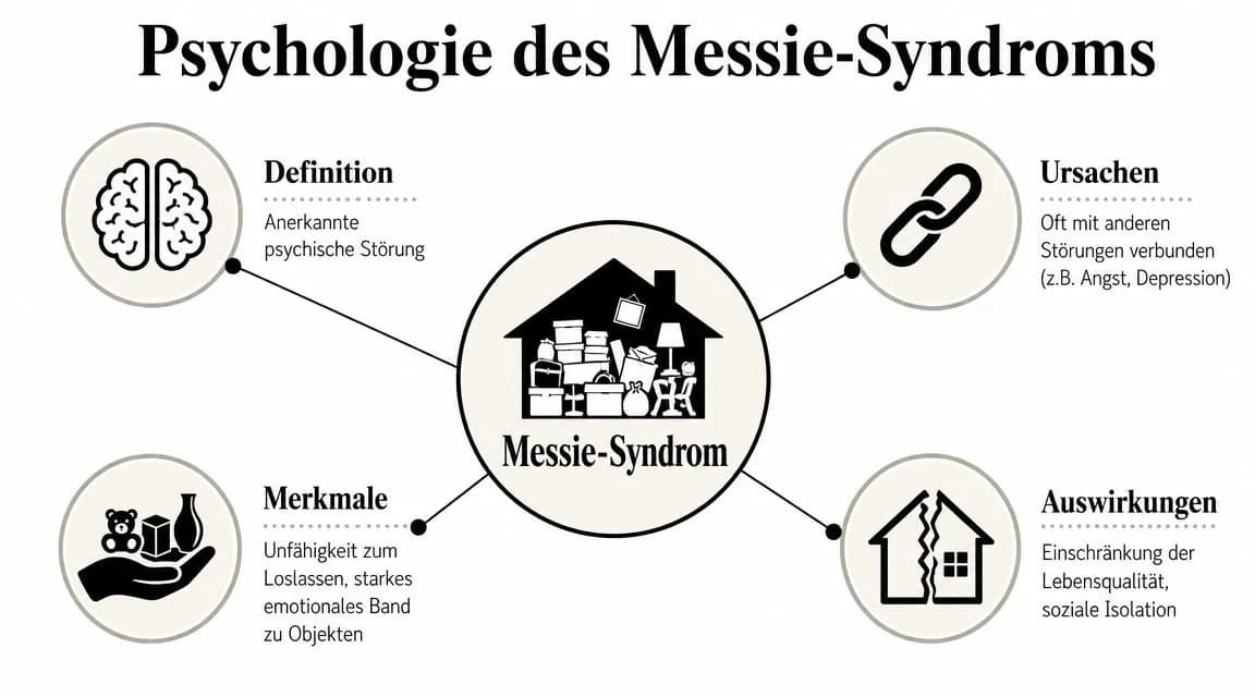 Eine Infografik zur Psychologie des Messie-Syndroms mit Definition, Ursachen, Merkmalen und Auswirkungen des Krankheitsbildes.