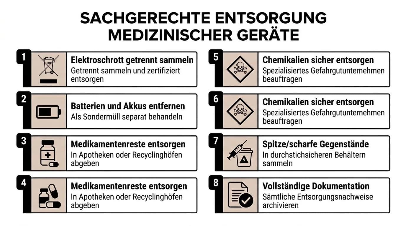 Infografik zur sachgerechten Entsorgung medizinischer Geräte mit acht klaren Schritten für eine sichere und vorschriftsgemäße Abfalltrennung.