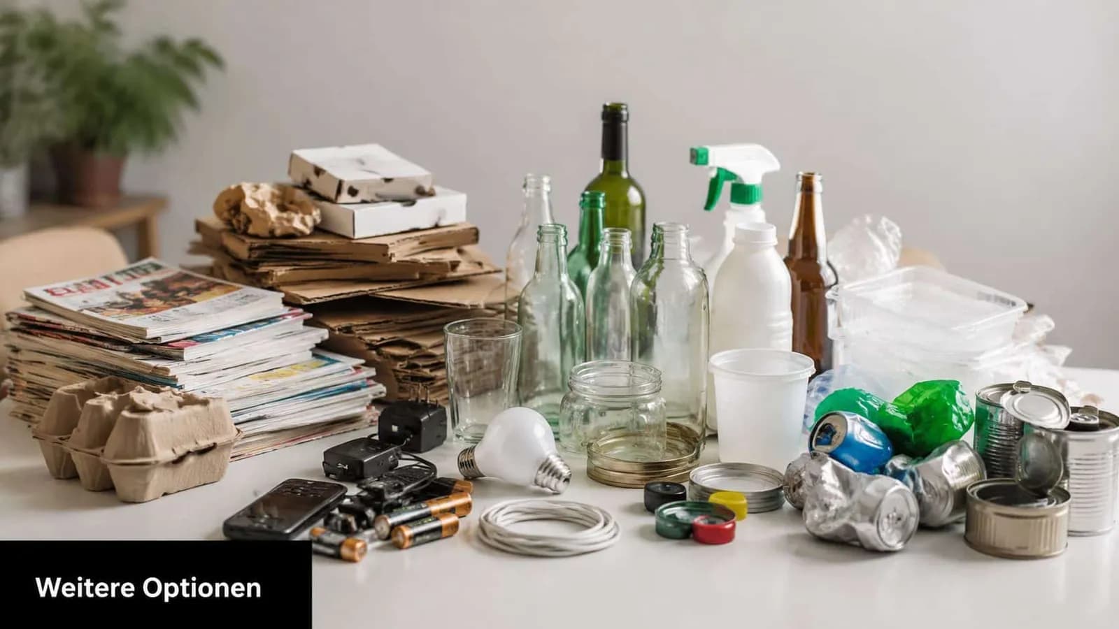 Eine Vielzahl von verschiedenen wiederverwertbaren Materialien wie Glasflaschen, Papier, Dosen und Elektroschrott zur Mülltrennung auf einem Tisch.