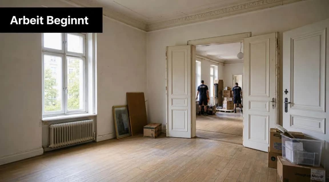 Zwei Umzugshelfer in Arbeitskleidung bereiten den Transport von Umzugskartons in einer leeren, hellen Altbauwohnung vor.