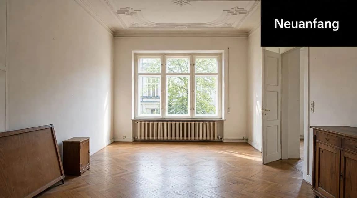 Ein lichtdurchfluteter Raum mit Fischgrätparkett, hohen Decken und einem großen Fenster mit Blick ins Grüne.