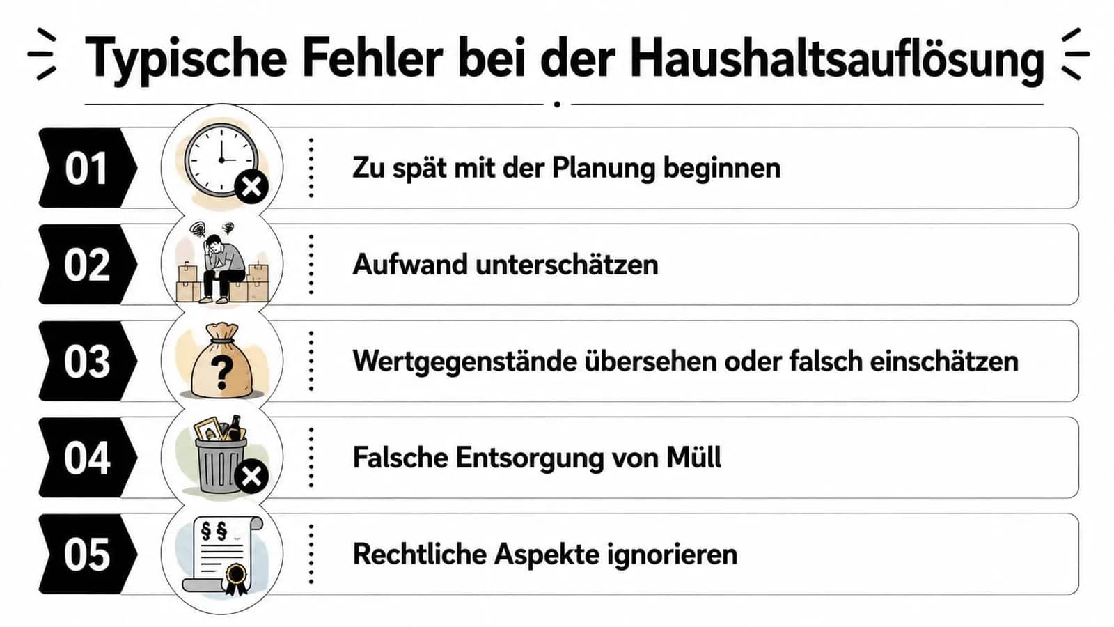 Eine Infografik mit fünf typischen Fehlern bei der Haushaltsauflösung, dargestellt mit Piktogrammen und kurzen deutschen Erklärungen.