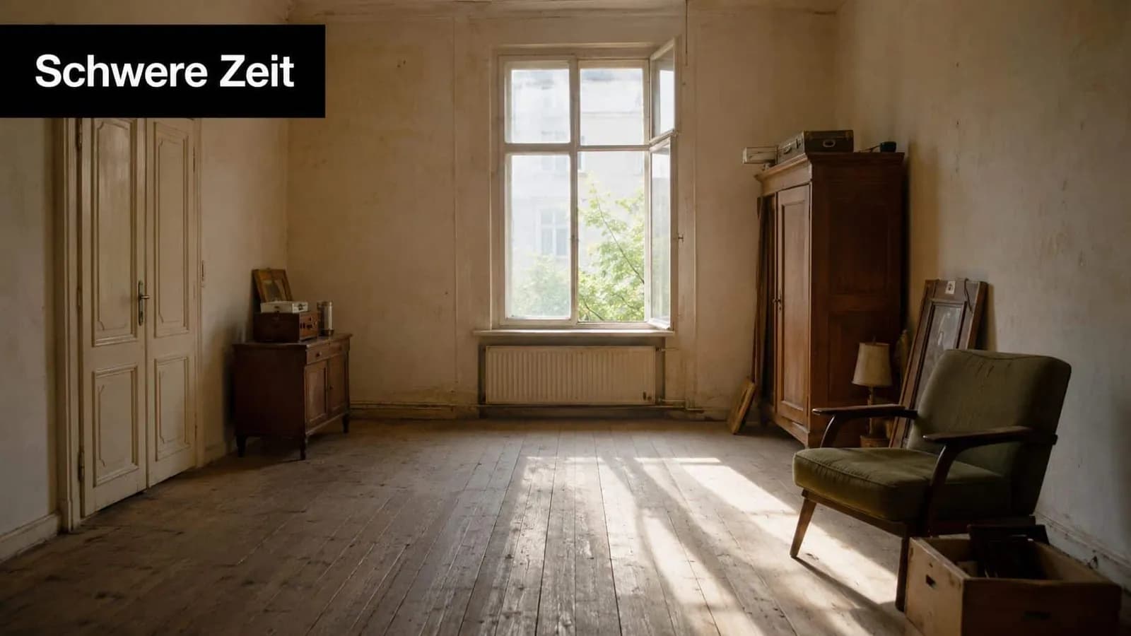 Ein verlassenes, sonnendurchflutetes Zimmer mit Vintage-Möbeln, einem alten Sessel und einem hölzernen Schrank vor dem Fenster.