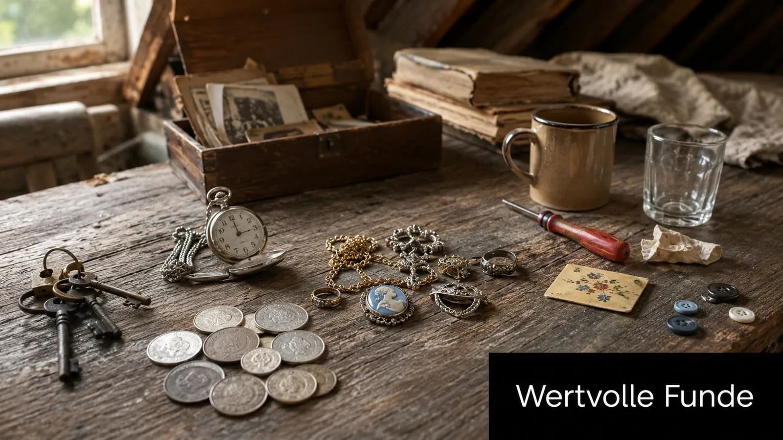 Ein antiker Holztisch mit verschiedenen Schätzen wie Taschenuhren, alten Münzen, Schmuck, Schlüsseln und alten Büchern.