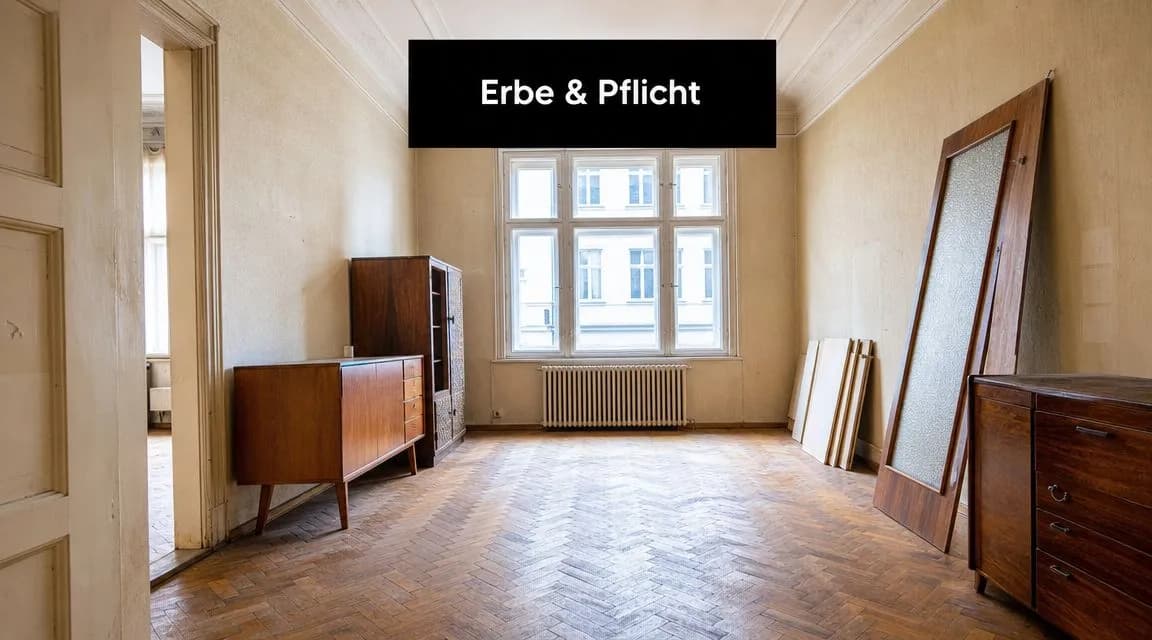 Ein leerstehendes Zimmer in einem Altbau mit Parkettboden, Holzhängeschränken und einem großen Fenster mit Blick nach draußen.