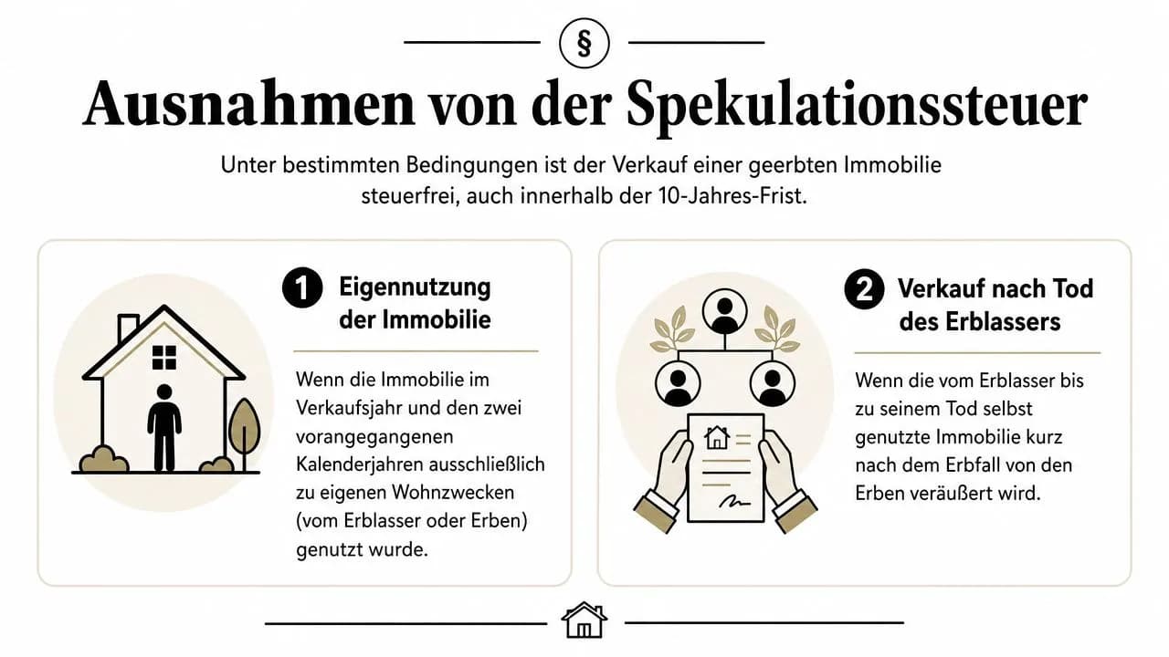 Infografik zu Ausnahmen von der Spekulationssteuer beim Verkauf geerbter Immobilien in Deutschland.