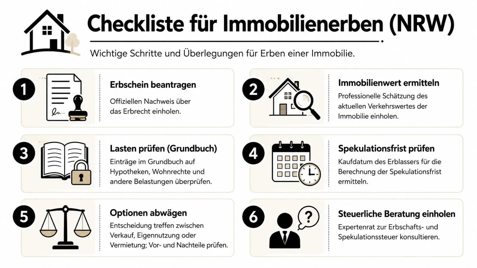 Eine Checkliste für Erben einer Immobilie in NRW mit sechs wichtigen Schritten und grafischen Icons zur Orientierung.