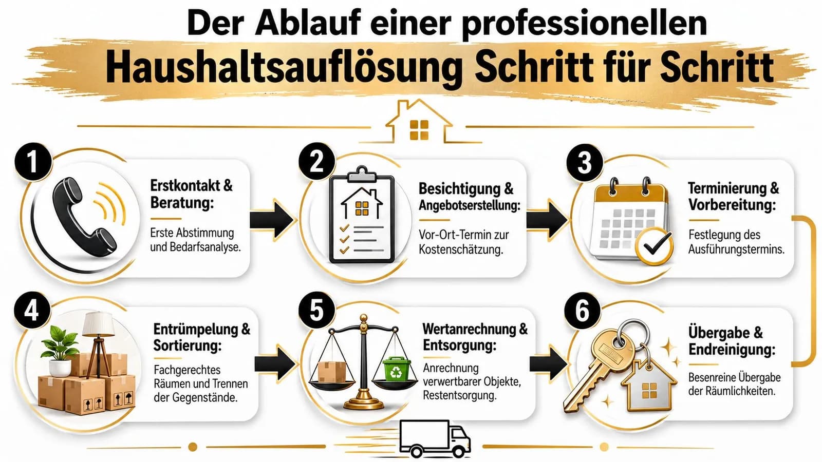 Eine Infografik zeigt den sechsstufigen Ablauf einer professionellen Haushaltsauflösung von der Beratung bis zur besenreinen Übergabe.