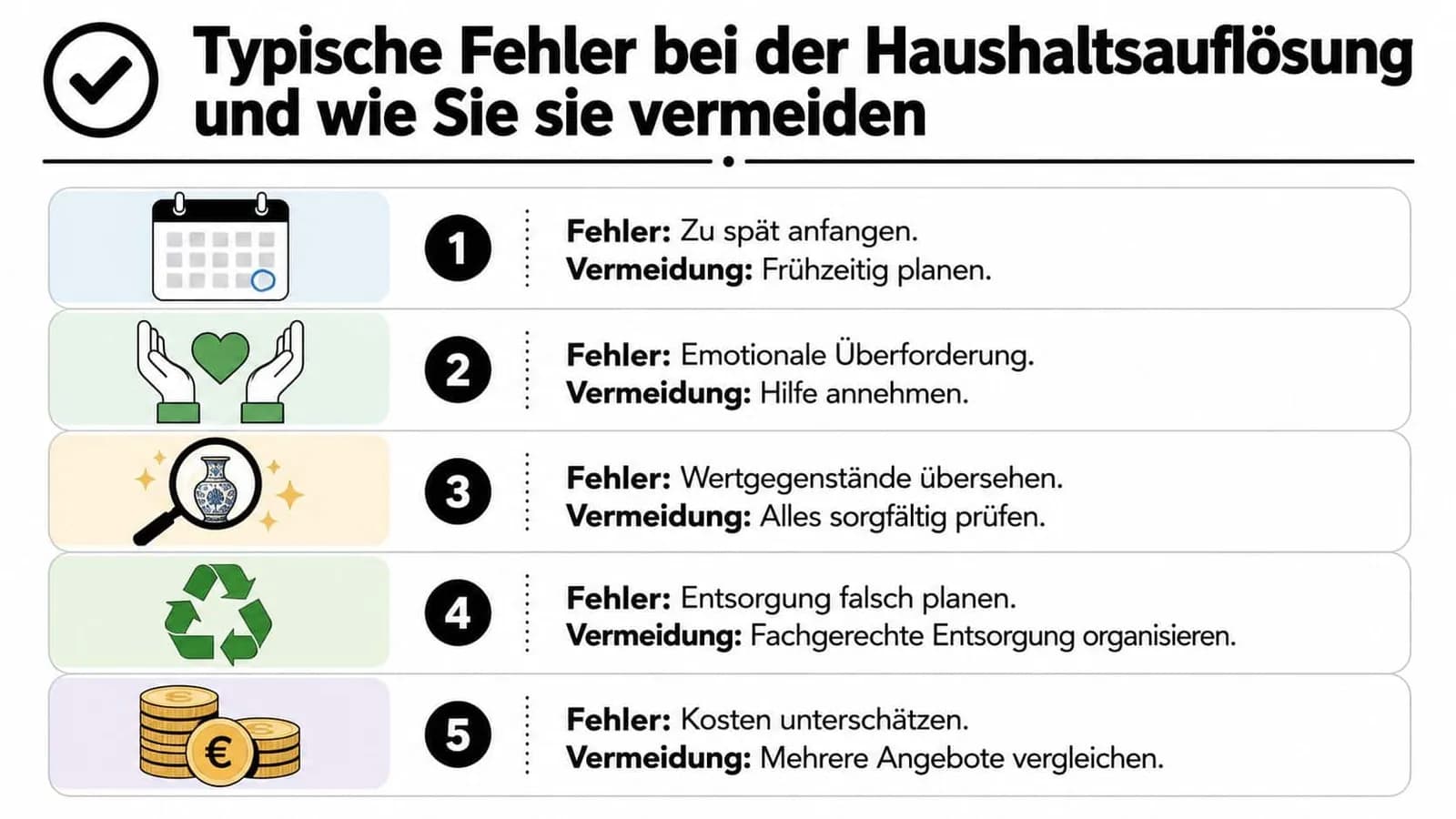 Eine Infografik mit fünf typischen Fehlern bei der Haushaltsauflösung und hilfreichen Tipps zur deren Vermeidung.