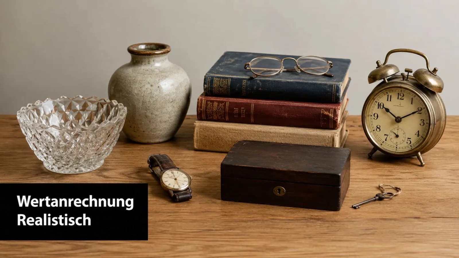 Verschiedene antike Gegenstände wie Bücher, eine Uhr, eine Vase und ein Kästchen auf einem Holztisch.